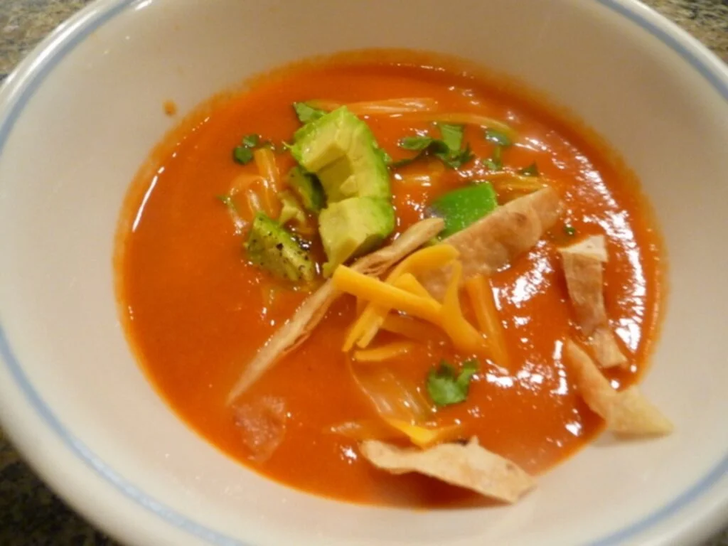 A bowl of soup with tortilla strips and avocado.
